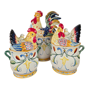 Vintage Fitz and Floyd Ricamo Rooster Ceramic Kitchen Canisters- Set of 3
