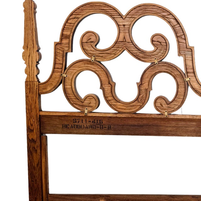 1970s Thomasville Segovia Collection Spanish Mediterranean Revival Oak Fretwork King Headboard For Sale - Image 11 of 11