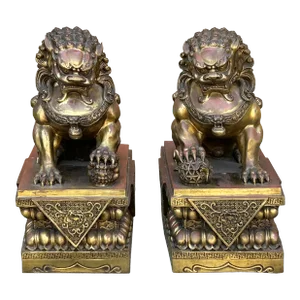 Pair Chinese Light Brown Copper Metal Foo Dog Lion Fengshui Figures
