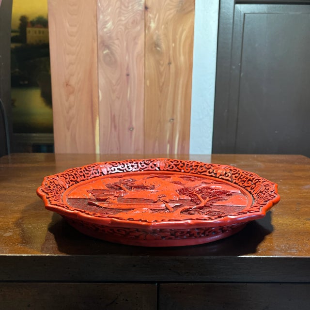 Paint Vintage Chinese Cinnabar Decorative Display Plate For Sale - Image 7 of 9