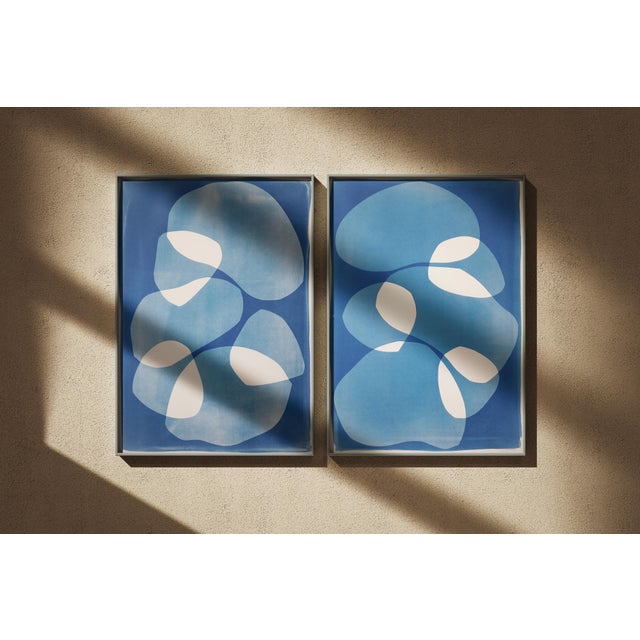 2026, Organic Floating Shapes in Blue Tones, Handmade Monotype Diptych, Our Subtle Differences, Cyanotype on Paper For Sale - Image 9 of 10