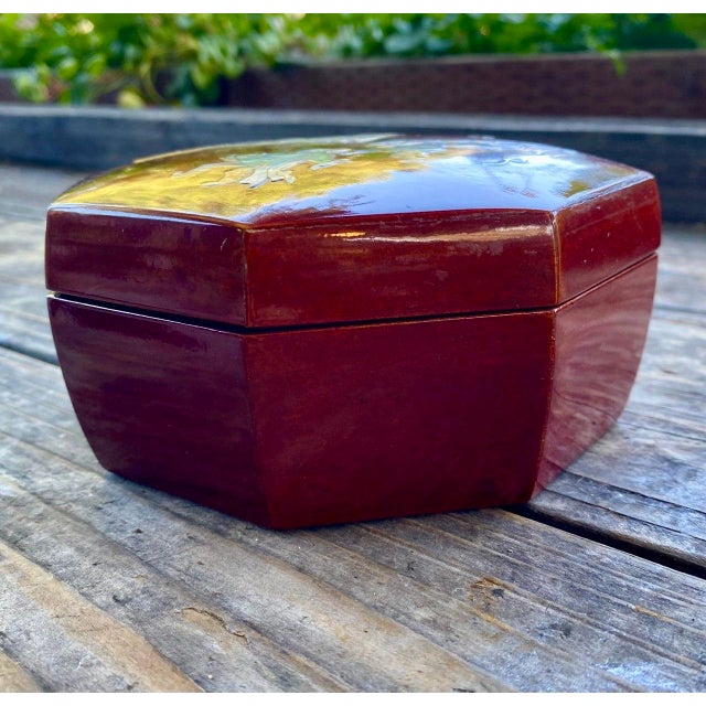 Mid 20th Century Vintage Korean Octagonal Red Lacquer Jewelry Box With Mother-of-Pearl Figural Inlay For Sale - Image 5 of 5