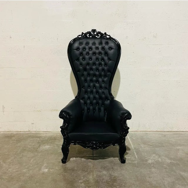 Black French Rococo Style Tufted Black Leather Throne Chair For Sale - Image 8 of 8