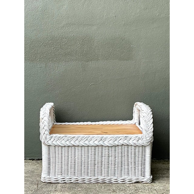 Late 20th Century Vintage Braided White Rattan Ottoman For Sale - Image 5 of 12