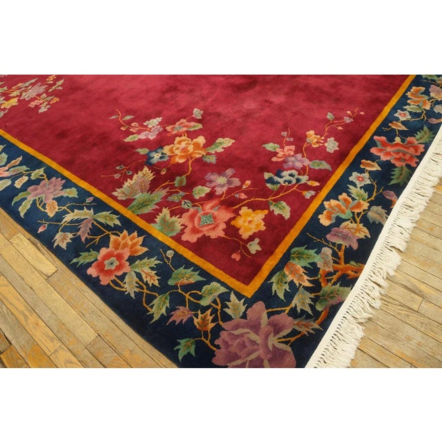1920s 1920s Ruby Red Floral Antique Chinese Art Deco Carpet 8'10" X 11'2" Handknotted Pile Wool Rug For Sale - Image 5 of 9