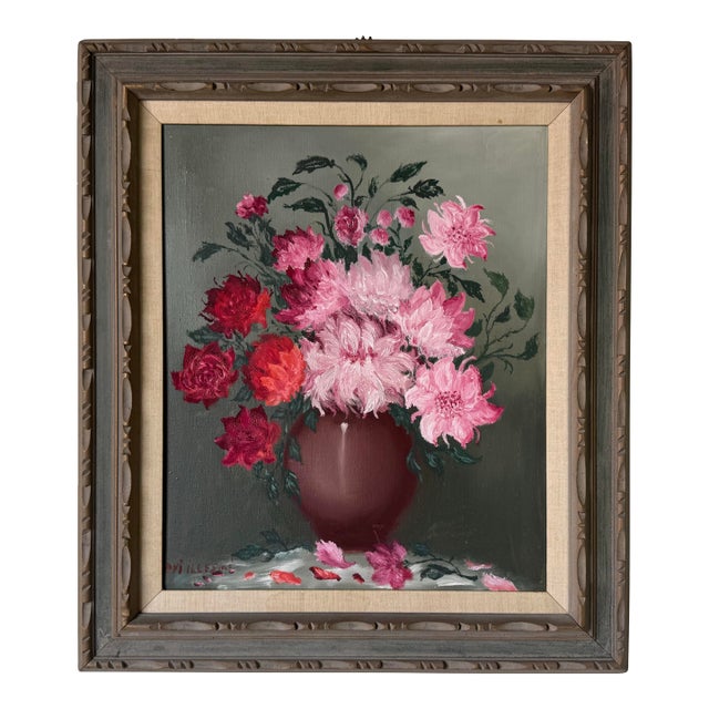 Vintage Floral Still Life Oil on Canvas Painting by Edvi Illés – Framed For Sale