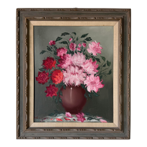 Vintage Floral Still Life Oil on Canvas Painting by Edvi Illés – Framed
