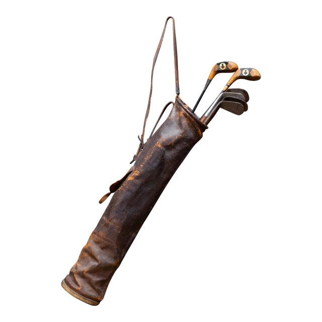 Antique Leather Walking Golf Bag With Hickory-Shaft & Steel Vintage Clubs c.1920-1945 For Sale