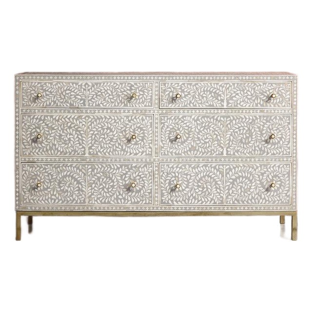 Arabesque Bone Inlay Six-Drawer Dresser - Grey by House of Jaipur For Sale