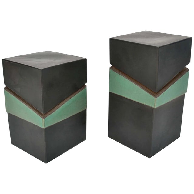 Black Vintage Sculptural Square Boxes Glazed in Green and Black, 1980s, Set of 2 For Sale - Image 8 of 8