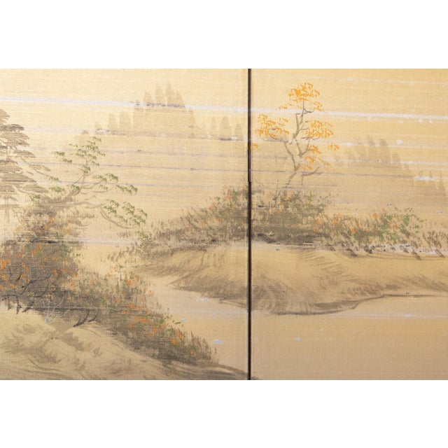 1960s Shōwa Era Japanese Byobu Screen, "Mountain Landscape With River and Bridge" For Sale - Image 13 of 18