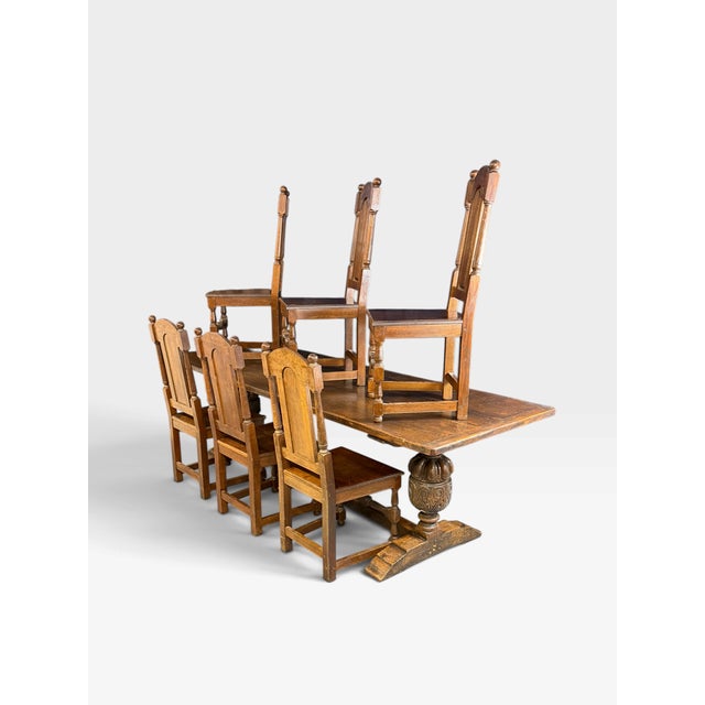 Antique Elizabethan Jacobean Style Oak Refectory Dining Table and Chairs, 1900, Set of 7 For Sale - Image 3 of 18