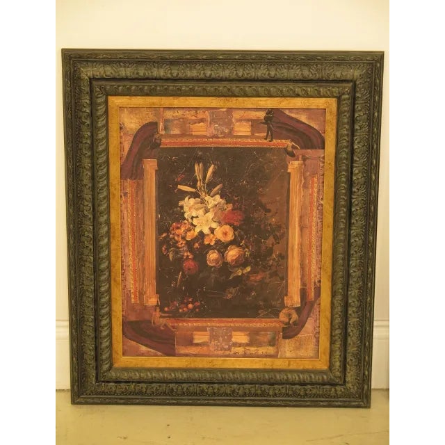 Approx: 25 Years Old Quality Construction Quality Decorative Painting On Canvas Professionally Framed Ornate Black Frames...