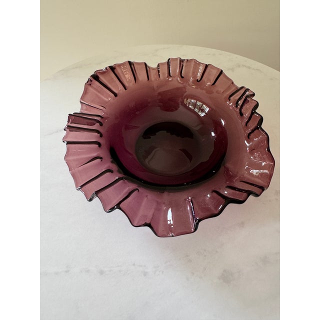 1960s Vintage Fenton Amethyst Plum Glass Ruffled Bowl | Deep Purple Crimped Edge | Art Glass Collectible | Mid-Century American Glass | Candy Dish For Sale - Image 5 of 6