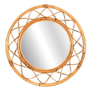 Mid-Century Italian Round Mirror in Curved Bamboo, Rattan and Wicker Frame, 1960s For Sale