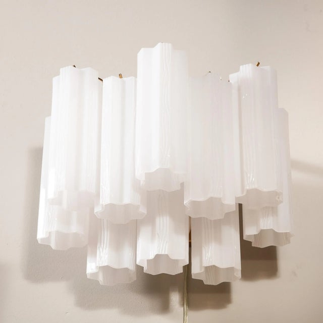 White Pair of Mid-Century Modernist Opaline Two-Tier Stepped Tronchi Sconces For Sale - Image 8 of 12