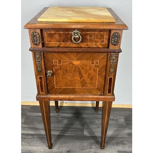 Antique French Carved Inlaid Bedside Table with Marble Top For Sale - Image 15 of 15