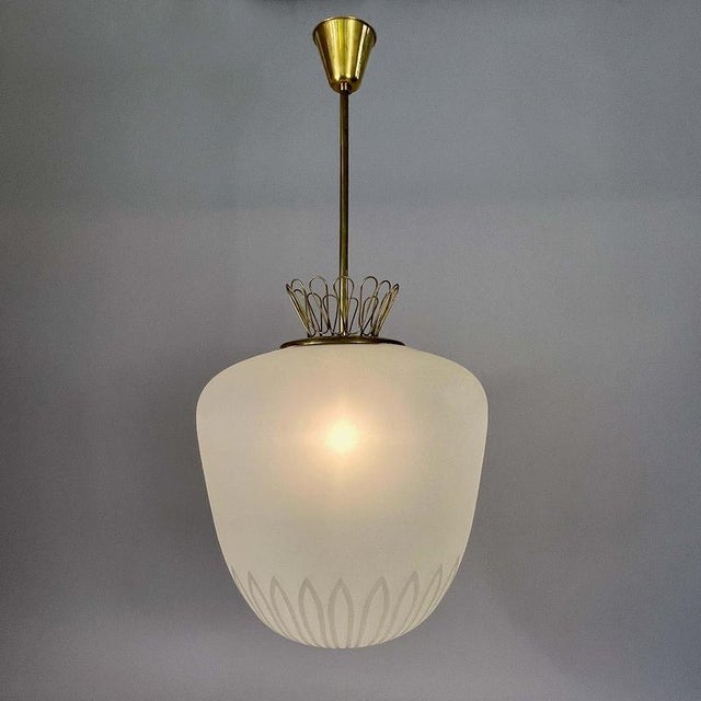 Frosted Glass and Brass Pendant by Hans Bergström for Asea, Sweden 1950s For Sale - Image 3 of 18
