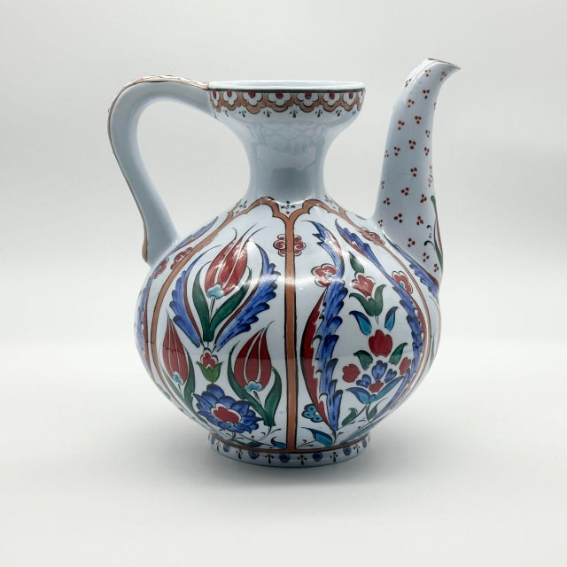 Handmade Ceramic Ewer Vase (20cm) Traditional Segmented Body Design with Spout & Handle – Turkish Pitcher Art Decor For Sale - Image 6 of 8