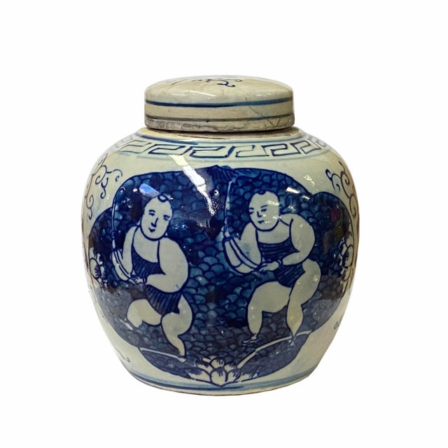 2020s Chinese Oriental Small Blue White Twin Kids Porcelain Ginger Jar For Sale - Image 5 of 5