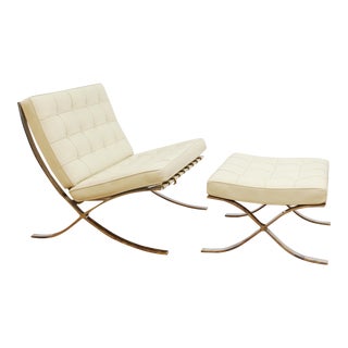 Barcelona Lounge Chair & Ottoman Set in Cream Leather For Sale