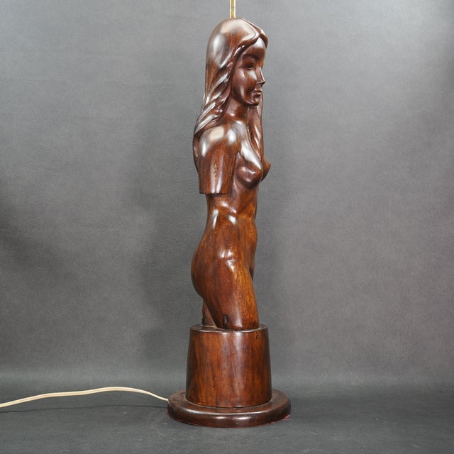 Mid-Century Modern Large Vintage Hand Carved Wooden Nude Woman Lamp For Sale - Image 3 of 9