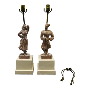 Pair, Yasha Heifetz "Male & Female Dancer" MCM Carved Wood Table Lamps