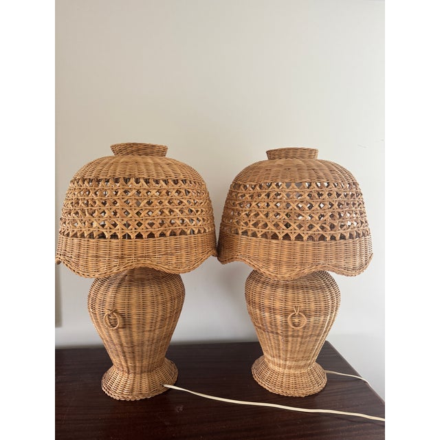 Traditional Vintage Wicker Urn Table Lamps With Rattan Shades a Pair For Sale - Image 3 of 12