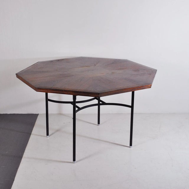 1960s Inlaid Hexagonal Wooden Table with Tubular Metal Base, 1960s For Sale - Image 5 of 8