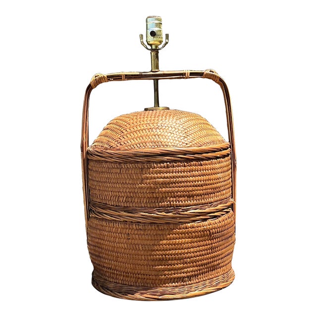 Vintage Woven Rattan Basket Lamp For Sale
