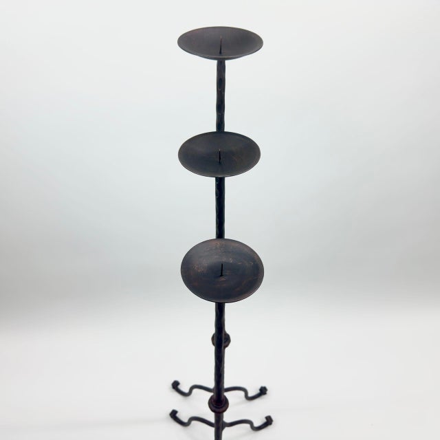 2020s Hand Forged Iron Candelabra Set of 3 (93-113cm) Antique Copper Finish Hammered Stem with Decorative Knop For Sale - Image 5 of 10
