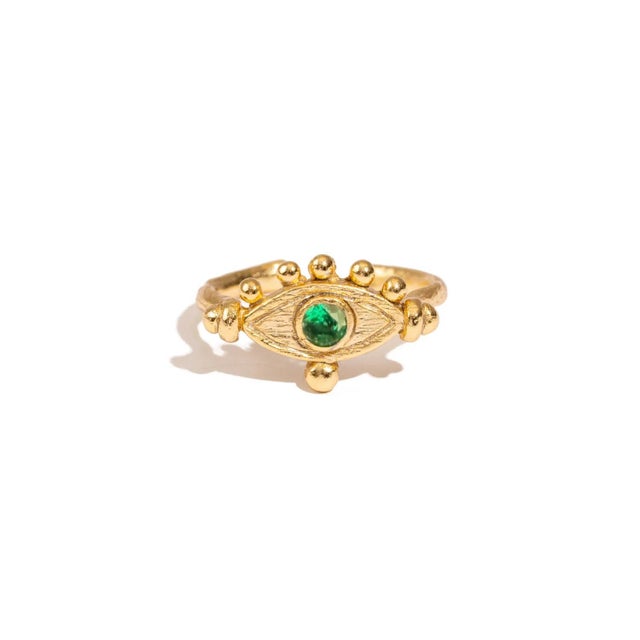 Mystic Emerald Evil Eye Gold Adjustable Band Ring, Size 8 For Sale In Miami - Image 6 of 7