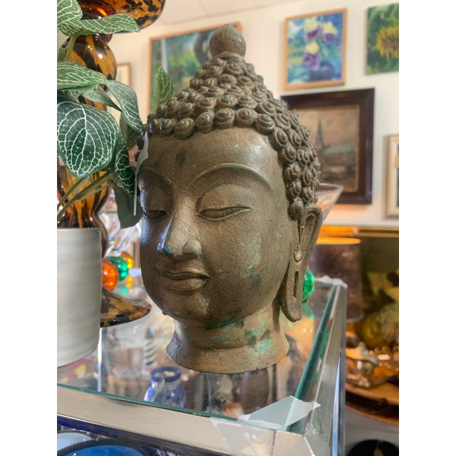 Early 20th Century Antique Bronze Buddha Head Bust – 8.5” Tall With Natural Patina For Sale - Image 5 of 12