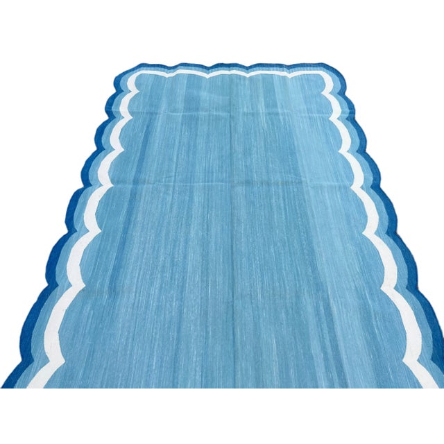Tiffany Blue Handmade Cotton Area Scalloped Rug Tiffany Blue, Cream and Indigo Blue Border Dhurrie - 10'x14' For Sale - Image 8 of 11