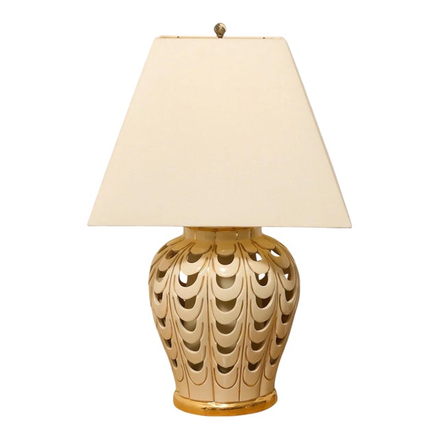 Mid 20th Century Scallop Glow White Ceramic Table Lamp With Tapered Shade For Sale