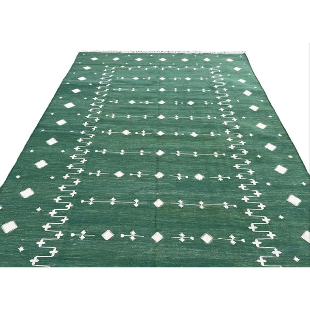 Textile Handmade Cotton Vegetable Dyed Forest Green and White Shooting Star Rug - 9'x12' For Sale - Image 7 of 11
