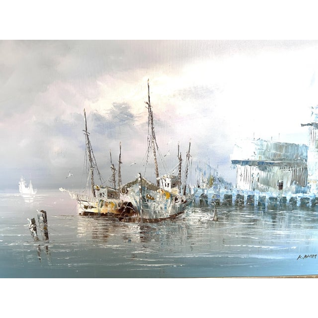 Original Oil Painting by K. Basset | Seascape Harbor Scene | Vintage Maritime Art For Sale - Image 4 of 10