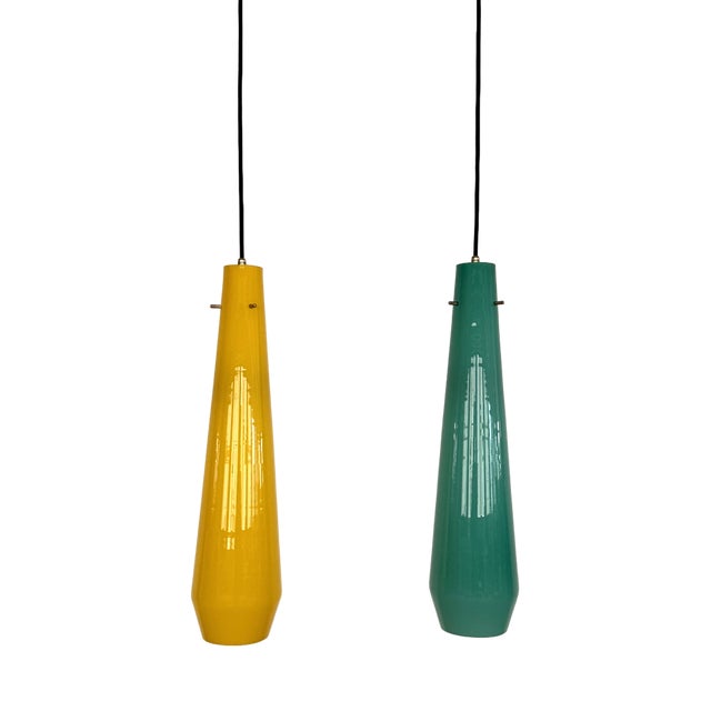 Italian Murano Glass Pendants in Green and Yellow from Vistosi, 1970s, Set of 2 For Sale