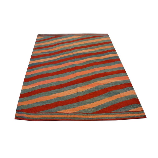 Turkish Turkish Safari Kilim Wool 5x6 Striped Red & Orange Handmade Area Rug #1142567 For Sale - Image 3 of 4
