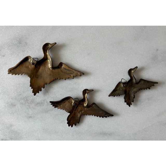 Brass Set of 3 Mid Century Brass Flying Ducks or Geese Wall Plaques For Sale - Image 8 of 8