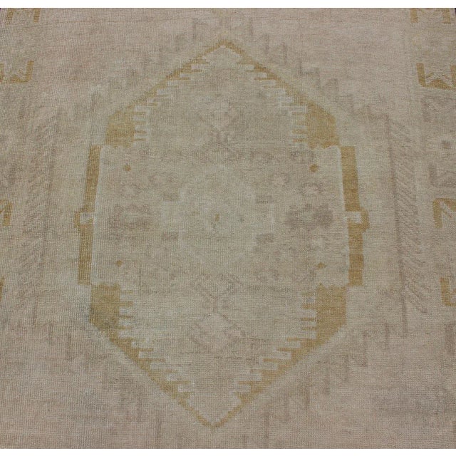 Textile Light Colored Vintage Oushak Runner With Geometric Medallion in Taupe Color and Golden Color For Sale - Image 7 of 12