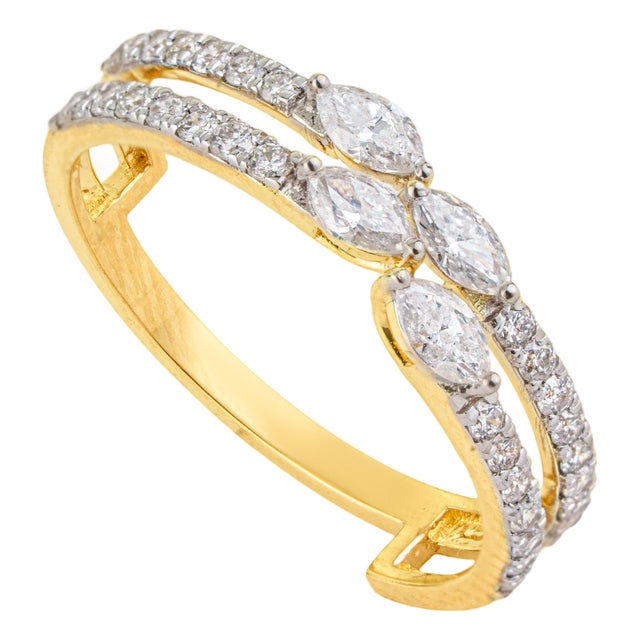 Marquise and Round Diamond Crisscross Double Band in 14k Yellow Gold Size 6.5 For Sale