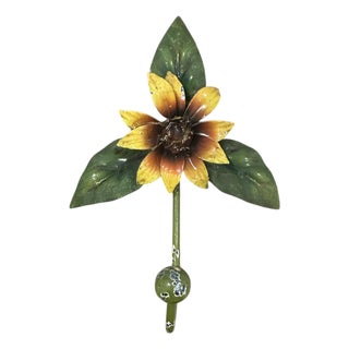 Vintage Italian Tole Sunflower Hook Rack / Toleware Floral Wall / Coat / Robe Hook For Sale