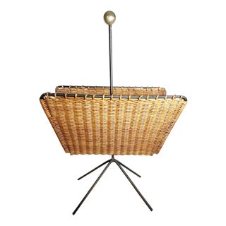 Rattan, Metal and Brass Magazine Rack, France, 1950s For Sale