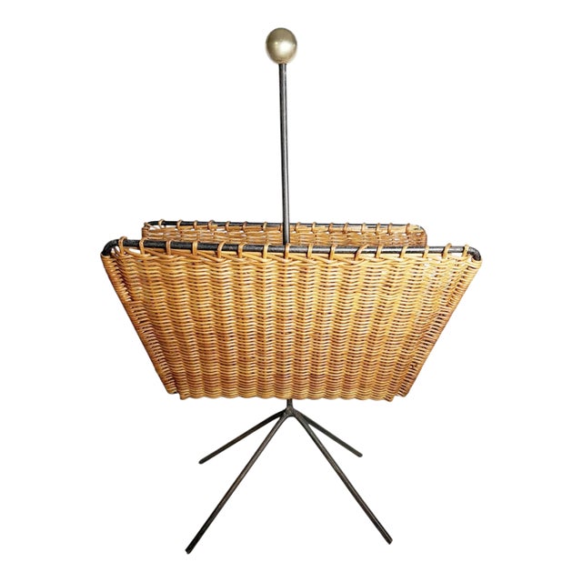 Rattan, Metal and Brass Magazine Rack, France, 1950s For Sale