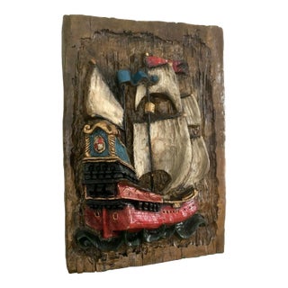 Mid-Century 70s Wall Hanging 3d Fiberglass Tall Clipper Ship Brutalist Carved Wood Look For Sale