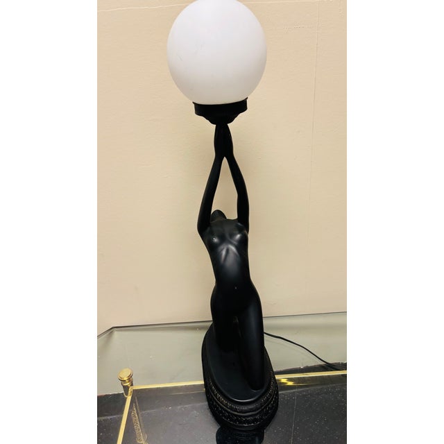 1980s Elegant Art Deco Style Black Women Figural Table Lamp With Frosted Globe Shade Hollywood Regency For Sale - Image 5 of 9