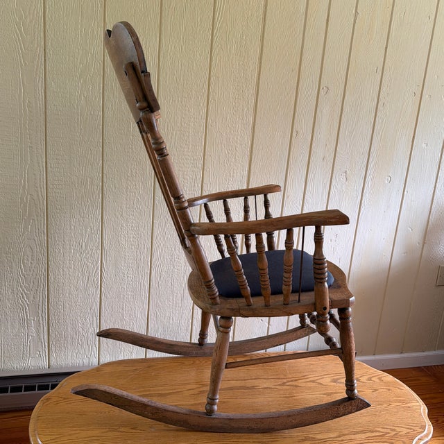 Antique Late Victorian Pressed-Back Oak Rocking Chair With Navy Seat For Sale - Image 4 of 8