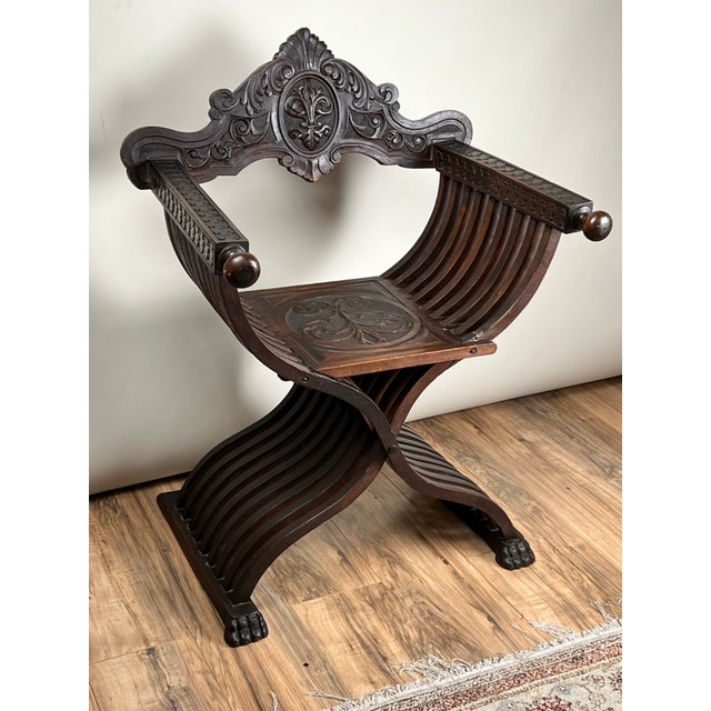 Wood Antique Italian Renaissance Walnut Savonarola Chair C. Late 19th Century For Sale - Image 7 of 12