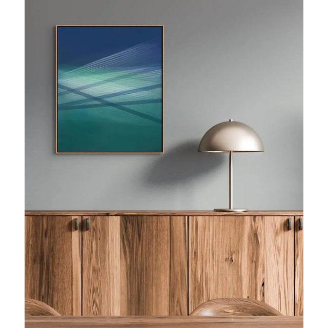 Abstract Contemporary Abstract Oil, Acrylic and Silver Particles on Wood Panel Painting "Seascape (Indigo-Turquoise Green)" by Bernadette Jiyong Frank For Sale - Image 3 of 7